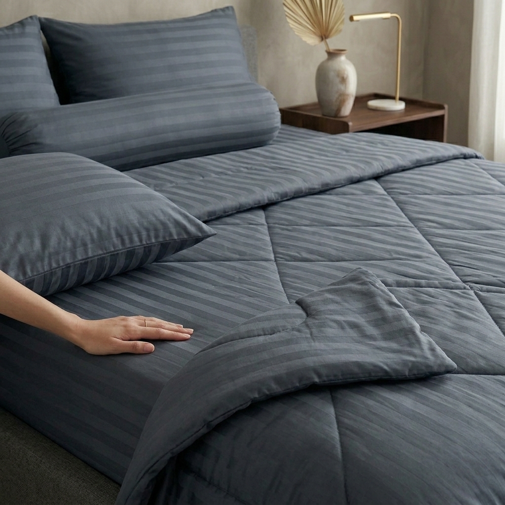 Bộ Chăn Ga Gối Cotton Poly Sọc Satin Cao Cấp 3 Màu Sang Trọng - Xám Sáng, Nâu Khaki, Xám Đậm - Đầy Đủ Kích Thước